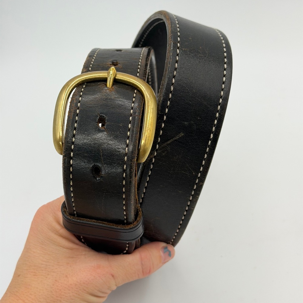 Mens Thick Full Grain Leather Belt 36 Dark Brown Brass Buckle Heavy Duty Work